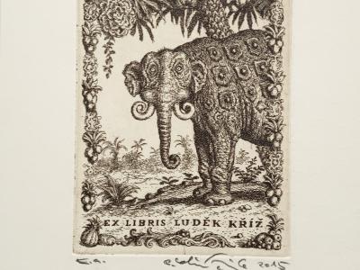 Peter Kľúčik, Ex Libris Luděk Křiž - slon, 17x26 cm cena: 80 EUR