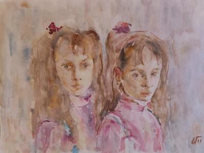 Sisters, watercolor, pencil on paper, 2023, 210 EUR